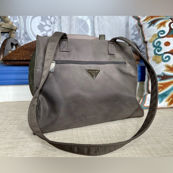 Vintage GUESS Brown Green Nylon Shoulder Bag Tote Purse Zipper - Picture 1 of 6